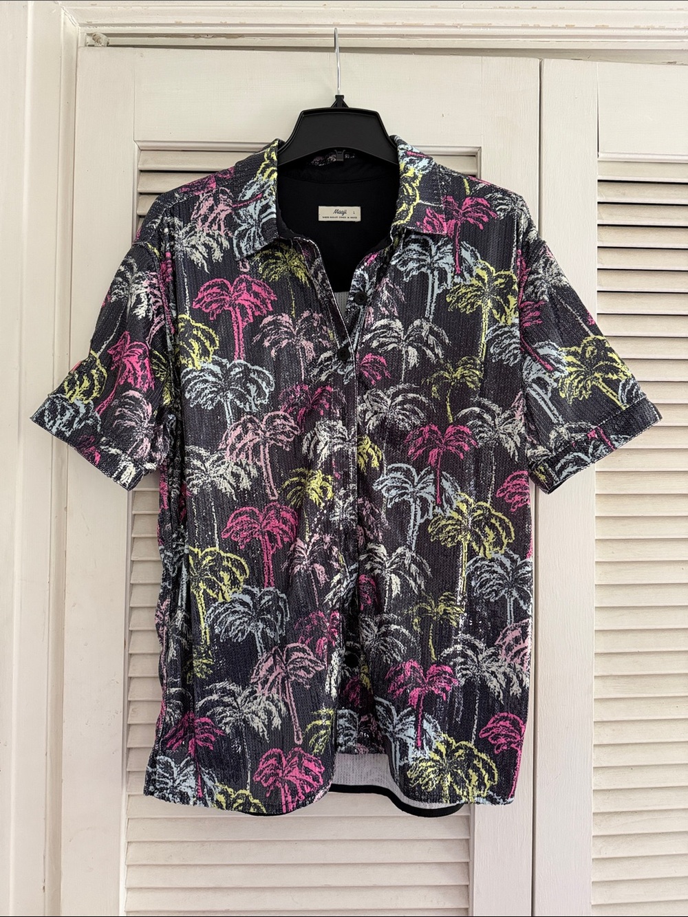 Maaji Black Button-Down Shirt with Pink, Yellow & Light Blue Palm Print